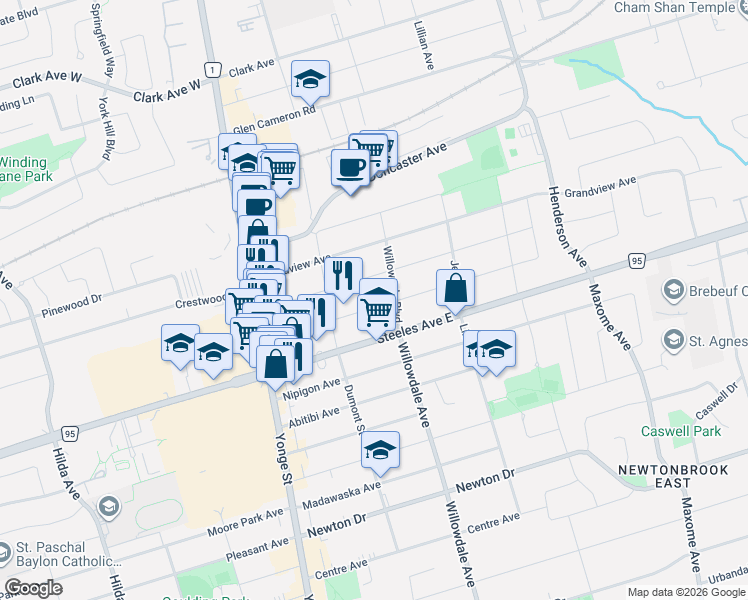 map of restaurants, bars, coffee shops, grocery stores, and more near 54 Highland Park Boulevard in Markham