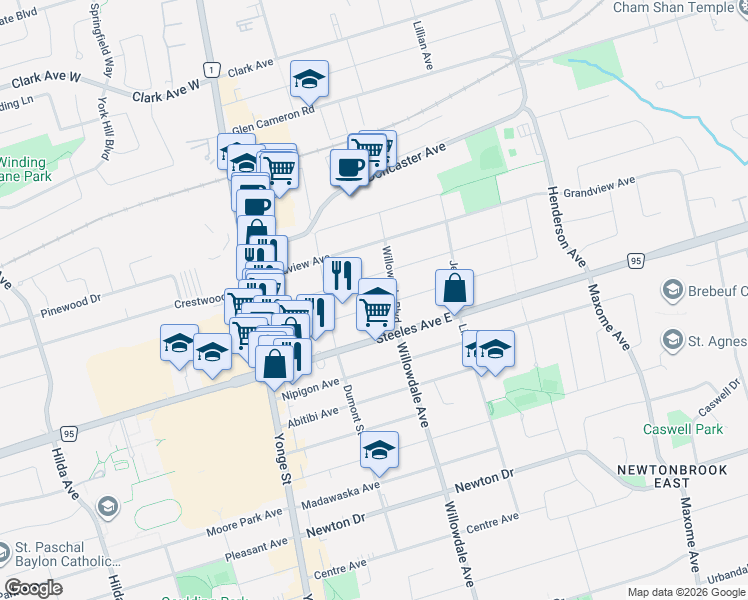 map of restaurants, bars, coffee shops, grocery stores, and more near 54 Highland Park Boulevard in Markham