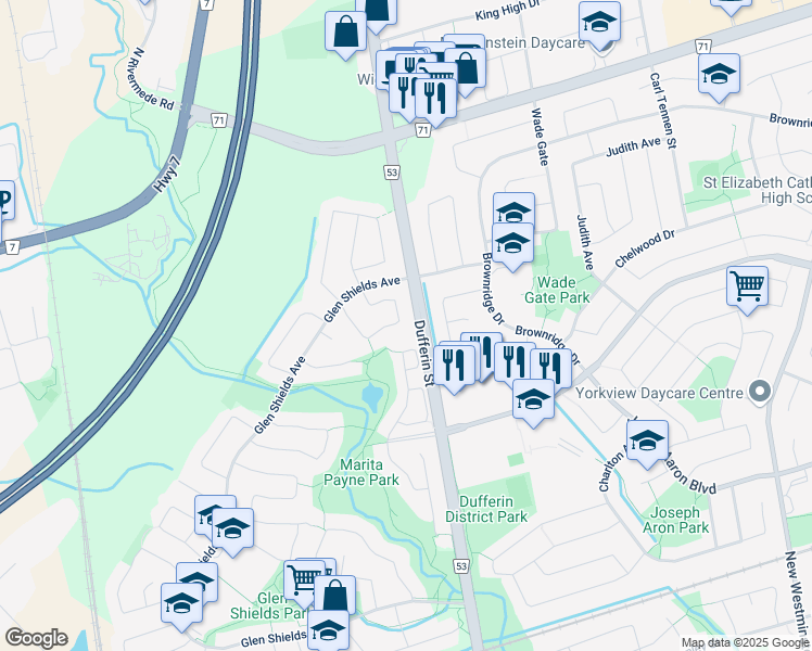 map of restaurants, bars, coffee shops, grocery stores, and more near 75 Marita Place in Vaughan