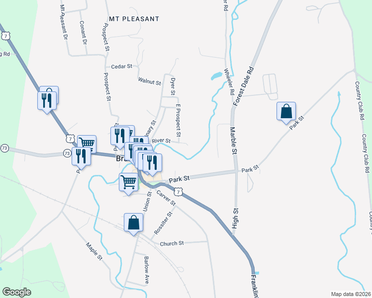 map of restaurants, bars, coffee shops, grocery stores, and more near 25 River St in Brandon