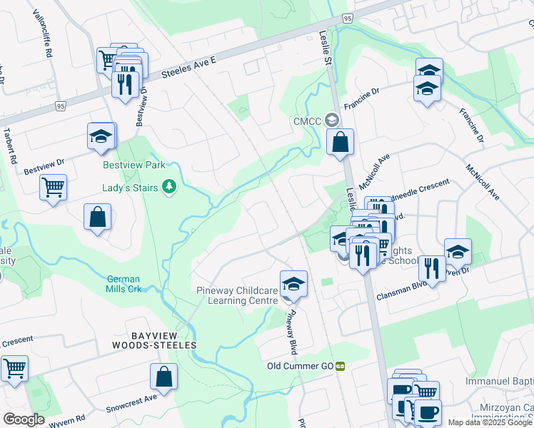 map of restaurants, bars, coffee shops, grocery stores, and more near 36 Yatesbury Road in Toronto