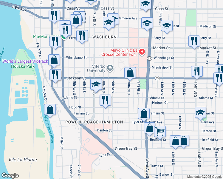map of restaurants, bars, coffee shops, grocery stores, and more near 1110 9th Street South in La Crosse