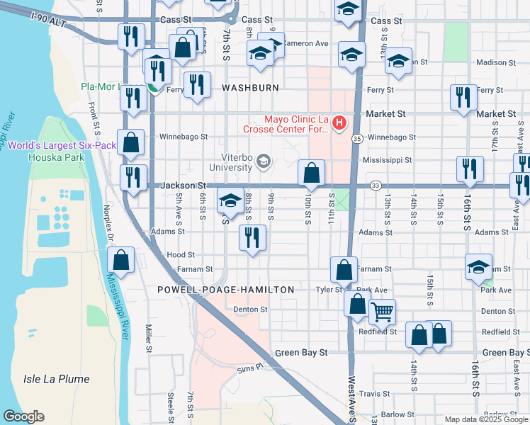 map of restaurants, bars, coffee shops, grocery stores, and more near 1110 9th Street South in La Crosse