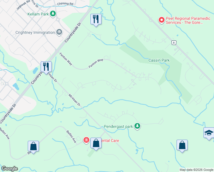 map of restaurants, bars, coffee shops, grocery stores, and more near 14 Bowman Avenue in Brampton