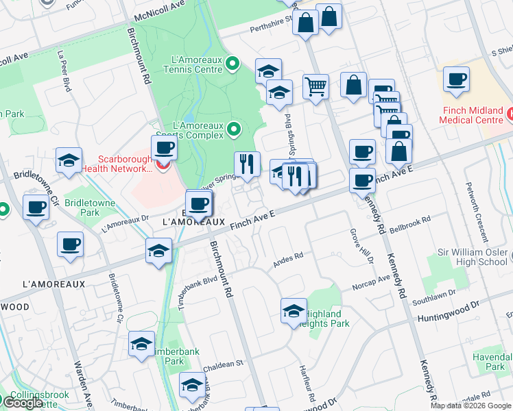 map of restaurants, bars, coffee shops, grocery stores, and more near 85 Silver Springs Boulevard in Toronto