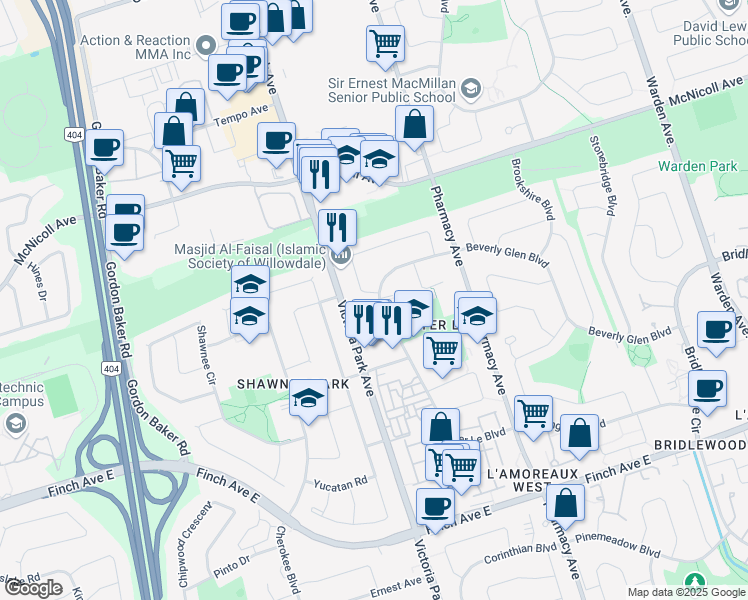 map of restaurants, bars, coffee shops, grocery stores, and more near 2 Iangrove Terrace in Toronto