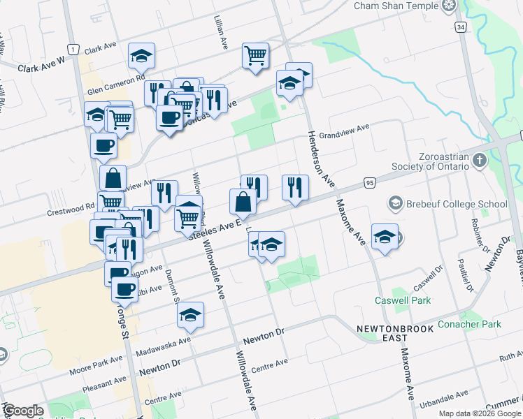 map of restaurants, bars, coffee shops, grocery stores, and more near 104 Steeles Avenue East in Markham