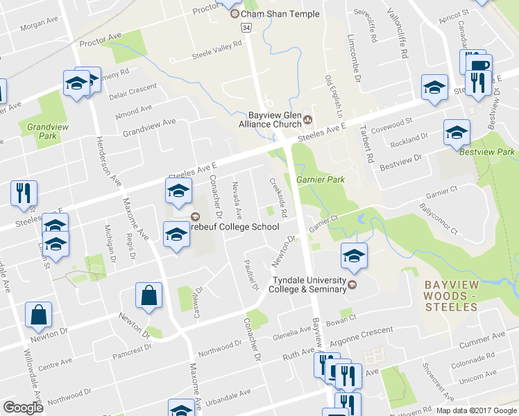 map of restaurants, bars, coffee shops, grocery stores, and more near 2 Debell Lane in Toronto
