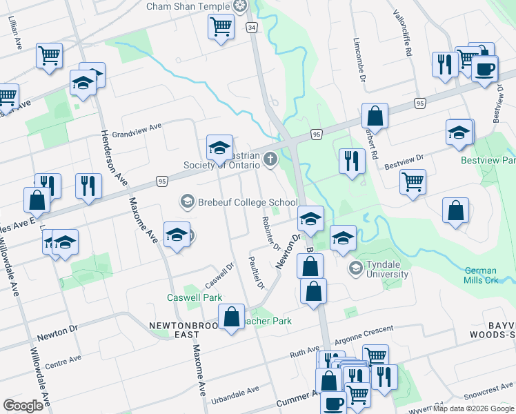 map of restaurants, bars, coffee shops, grocery stores, and more near in Toronto