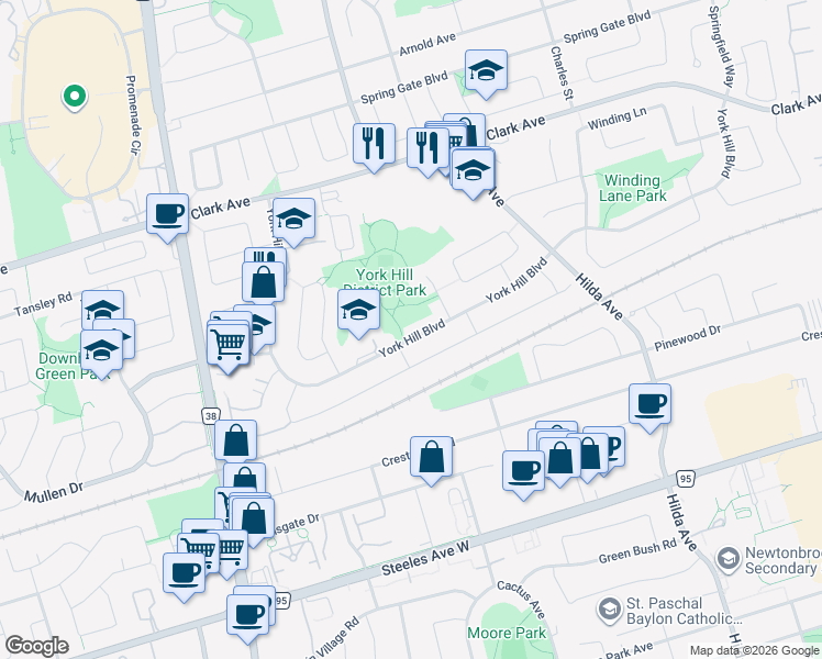 map of restaurants, bars, coffee shops, grocery stores, and more near 344 York Hill Boulevard in Vaughan