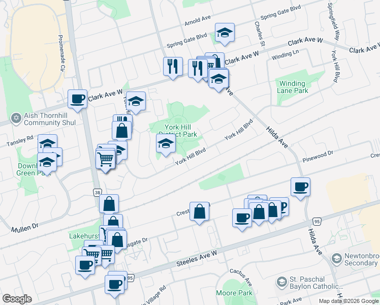 map of restaurants, bars, coffee shops, grocery stores, and more near 344 York Hill Boulevard in Vaughan