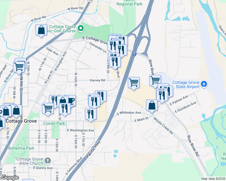 map of restaurants, bars, coffee shops, grocery stores, and more near 316 Harvey Road in Cottage Grove