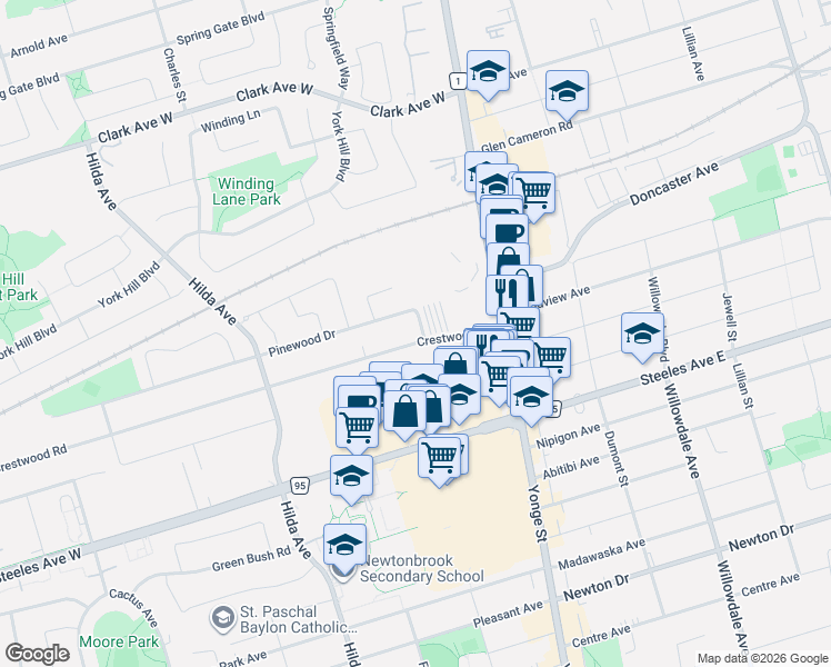 map of restaurants, bars, coffee shops, grocery stores, and more near 34 Crestwood Road in Vaughan