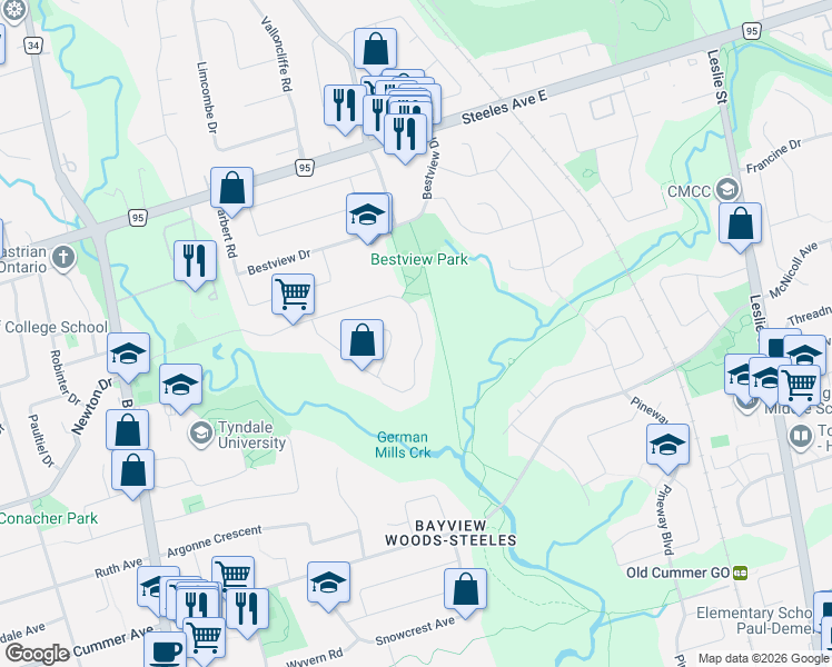 map of restaurants, bars, coffee shops, grocery stores, and more near 73 Garnier Court in Toronto