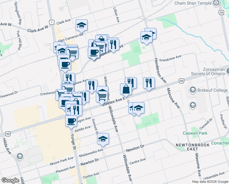 map of restaurants, bars, coffee shops, grocery stores, and more near 77 Highland Park Boulevard in Markham