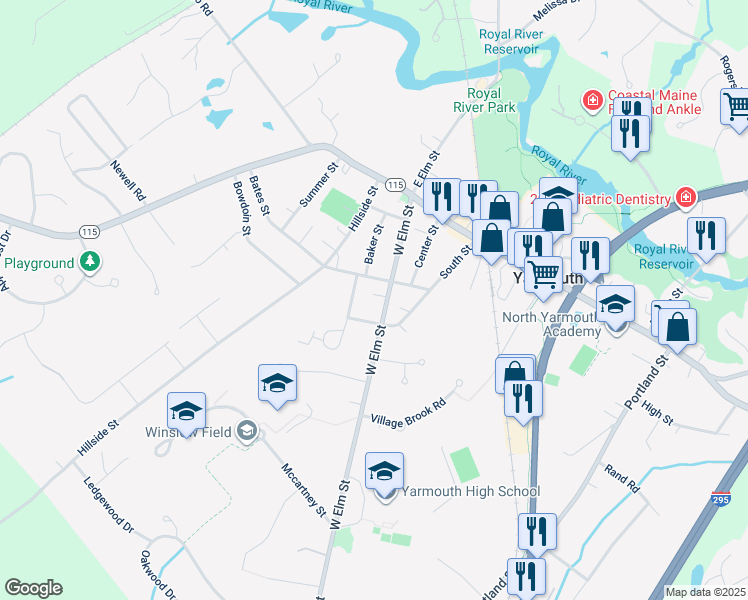 map of restaurants, bars, coffee shops, grocery stores, and more near 111 West Elm Street in Yarmouth