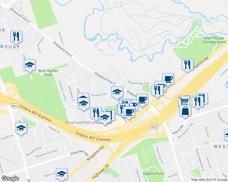 map of restaurants, bars, coffee shops, grocery stores, and more near 64 Durness Avenue in Toronto