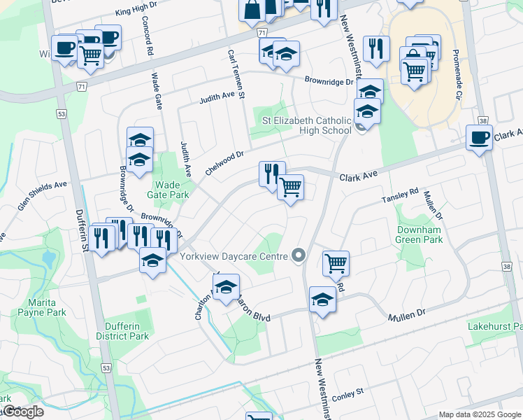 map of restaurants, bars, coffee shops, grocery stores, and more near Brickstone Circle in Vaughan