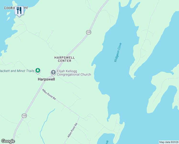 map of restaurants, bars, coffee shops, grocery stores, and more near Derek Way in Harpswell