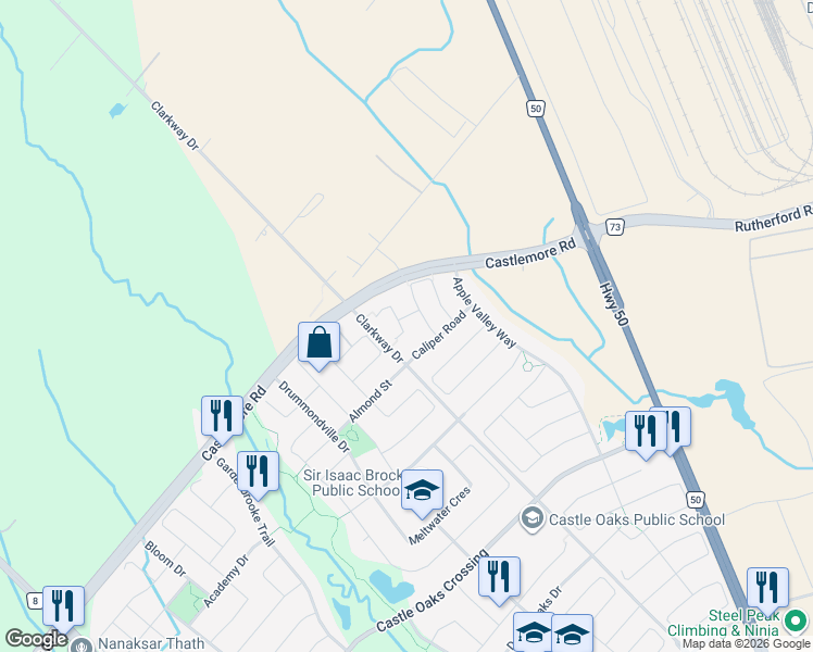 map of restaurants, bars, coffee shops, grocery stores, and more near 10 Bernadino Street in Brampton