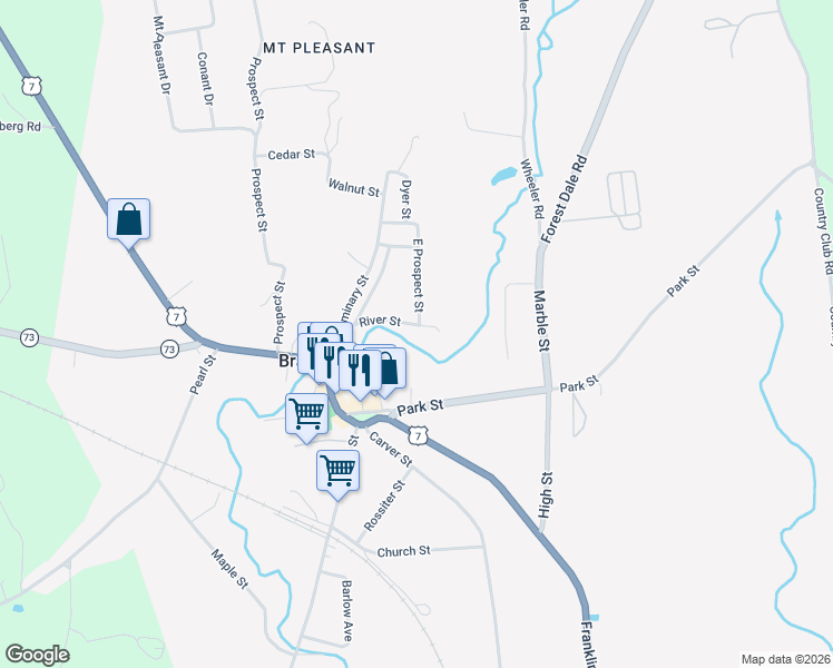 map of restaurants, bars, coffee shops, grocery stores, and more near 25 River Street in Brandon