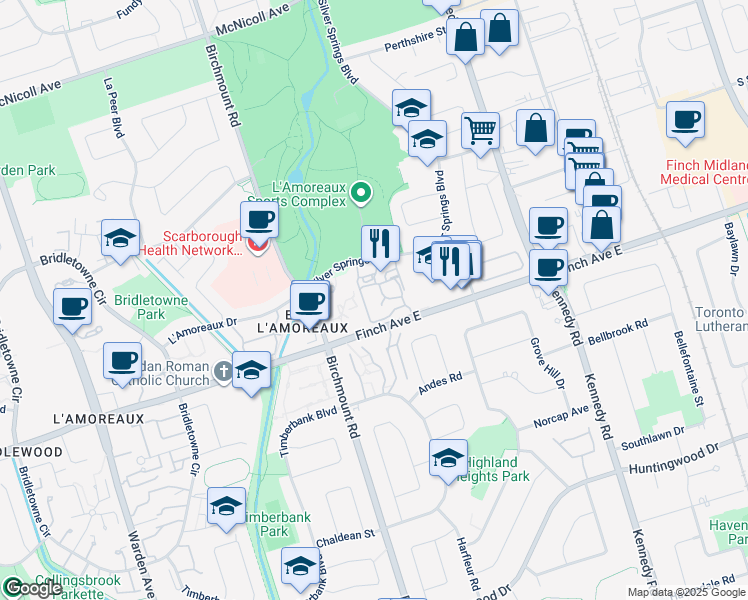 map of restaurants, bars, coffee shops, grocery stores, and more near 75 Silver Springs Boulevard in Toronto