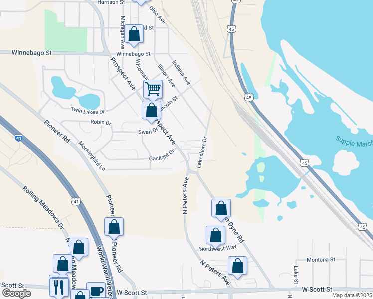 map of restaurants, bars, coffee shops, grocery stores, and more near Sycamore Drive in Fond du Lac