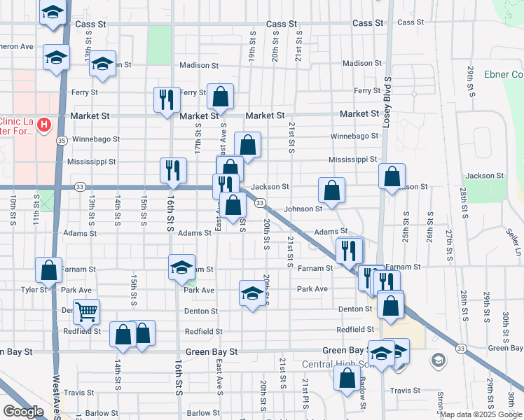map of restaurants, bars, coffee shops, grocery stores, and more near 1110 20th Street South in La Crosse
