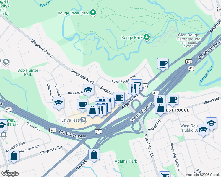 map of restaurants, bars, coffee shops, grocery stores, and more near 11746 Sheppard Avenue East in Toronto