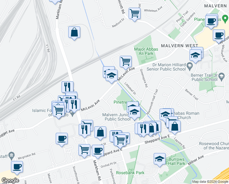 map of restaurants, bars, coffee shops, grocery stores, and more near 44 Greenhedges Court in Toronto