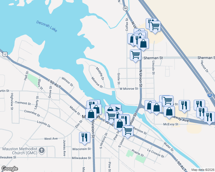 map of restaurants, bars, coffee shops, grocery stores, and more near 126 Monroe Street in Mauston
