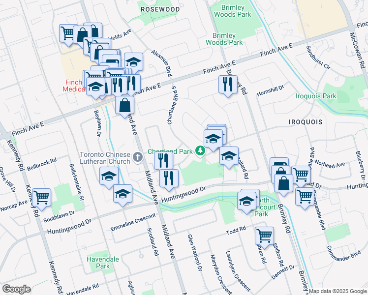 map of restaurants, bars, coffee shops, grocery stores, and more near 49 Boarhill Drive in Toronto