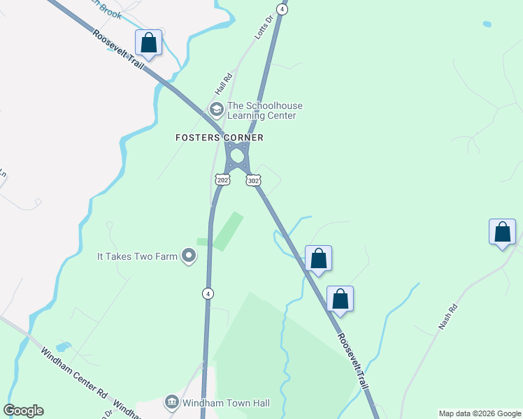 map of restaurants, bars, coffee shops, grocery stores, and more near 402 Roosevelt Trail in Windham