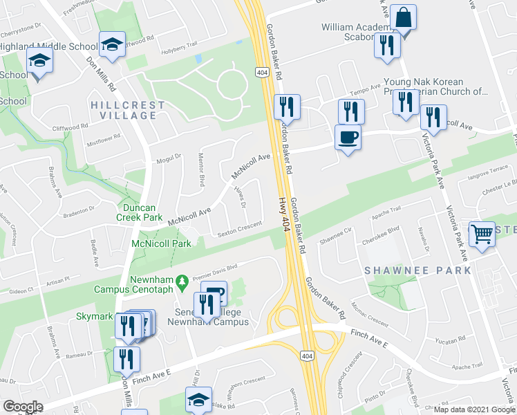 map of restaurants, bars, coffee shops, grocery stores, and more near 117 Sexton Crescent in Toronto