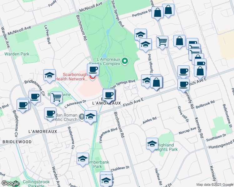 map of restaurants, bars, coffee shops, grocery stores, and more near 25 Silver Springs Boulevard in Toronto