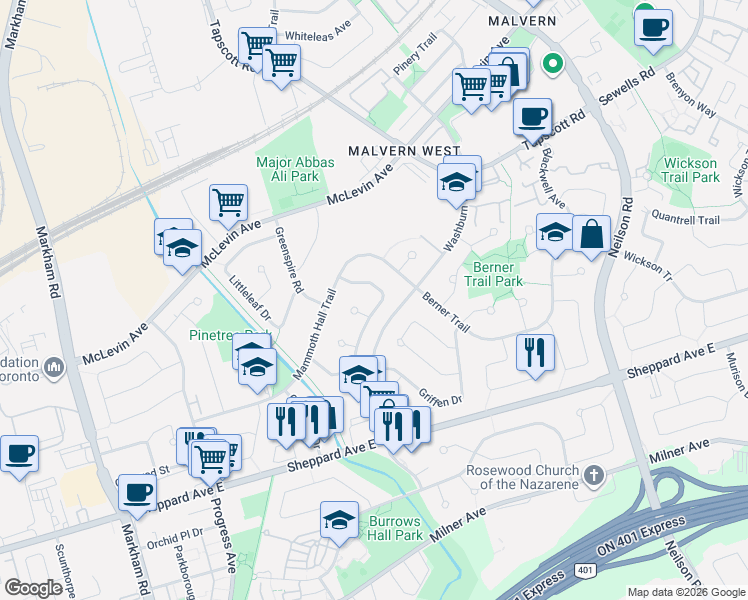 map of restaurants, bars, coffee shops, grocery stores, and more near 68 Snowball Crescent in Toronto