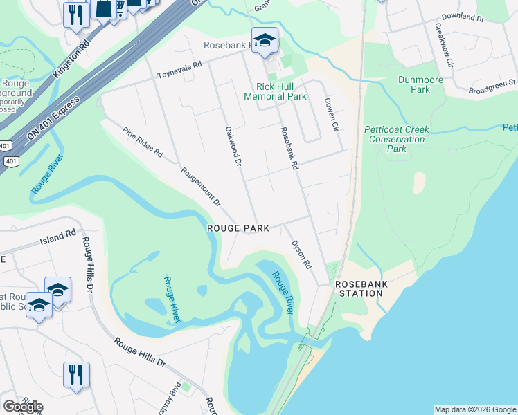 map of restaurants, bars, coffee shops, grocery stores, and more near in Pickering