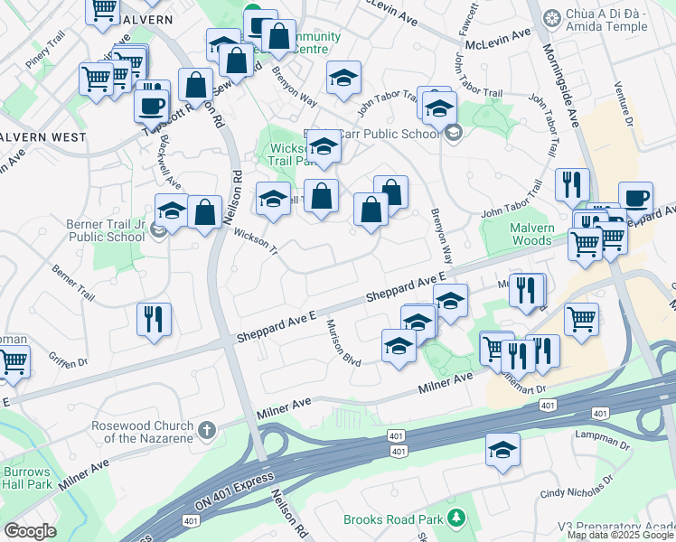 map of restaurants, bars, coffee shops, grocery stores, and more near 75 Wickson Trail in Toronto