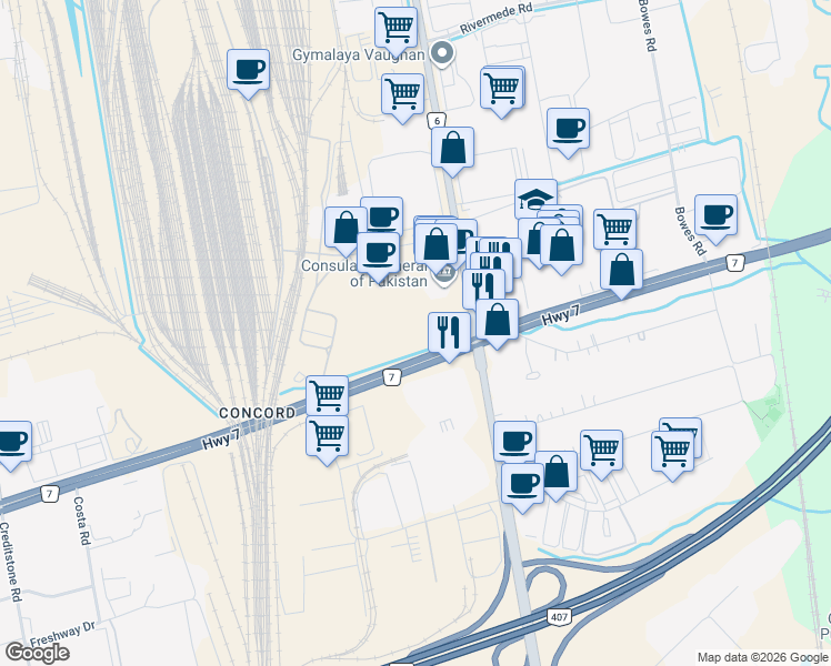 map of restaurants, bars, coffee shops, grocery stores, and more near 55 Administration Road in Vaughan