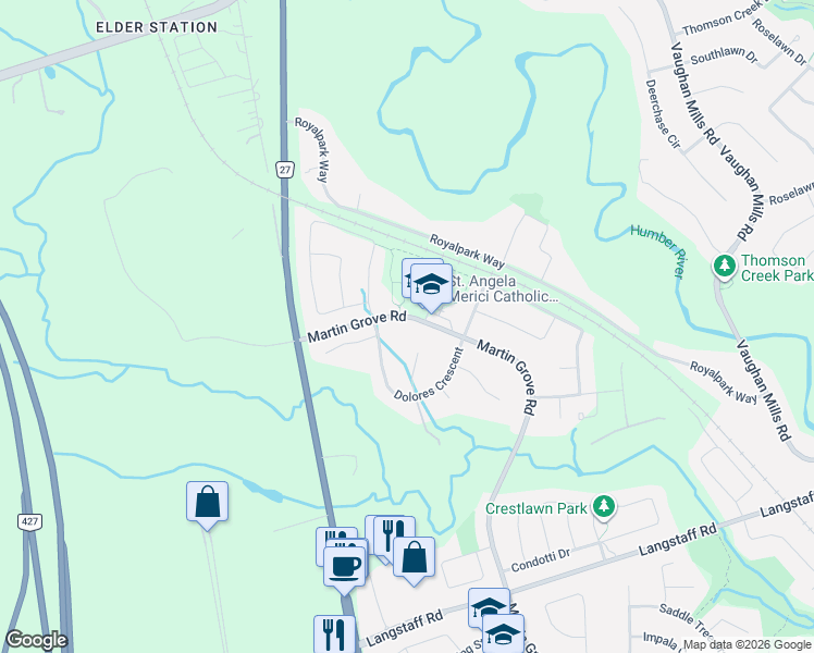 map of restaurants, bars, coffee shops, grocery stores, and more near 8912 Martin Grove Road in Vaughan