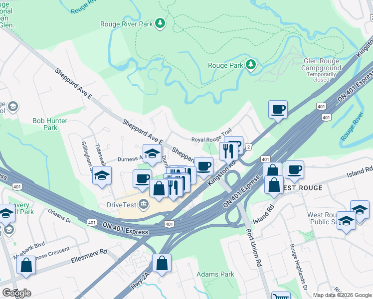 map of restaurants, bars, coffee shops, grocery stores, and more near 11742 Sheppard Avenue East in Toronto