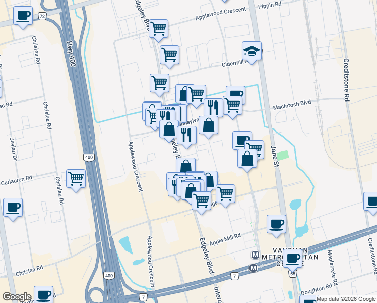 map of restaurants, bars, coffee shops, grocery stores, and more near 291 Edgeley Boulevard in Vaughan
