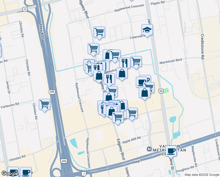 map of restaurants, bars, coffee shops, grocery stores, and more near 307 Edgeley Boulevard in Vaughan