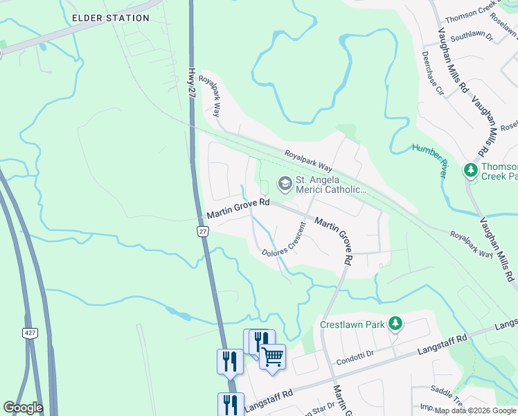 map of restaurants, bars, coffee shops, grocery stores, and more near 25 Dolores Crescent in Vaughan