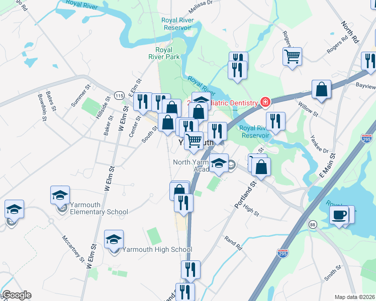 map of restaurants, bars, coffee shops, grocery stores, and more near 200 Main Street in Yarmouth