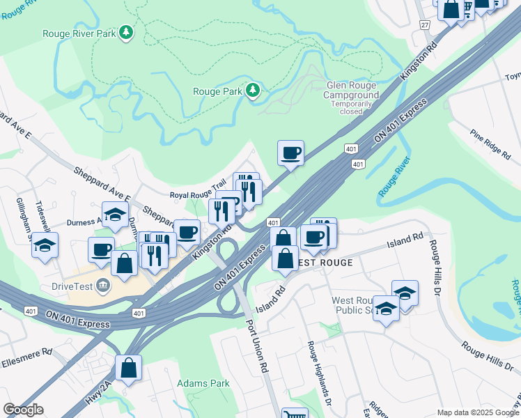 map of restaurants, bars, coffee shops, grocery stores, and more near Port Union Road in Toronto