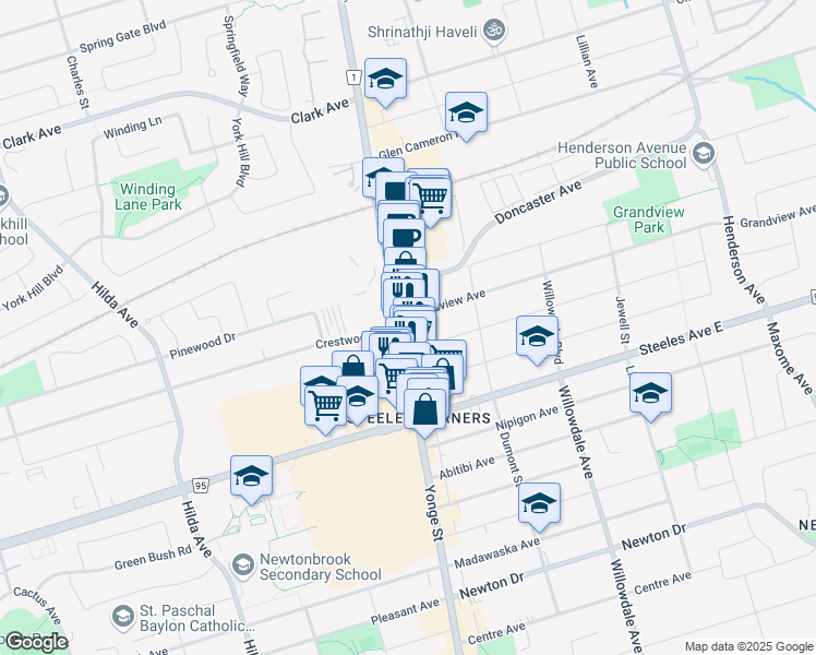 map of restaurants, bars, coffee shops, grocery stores, and more near 7097 Yonge Street in Markham