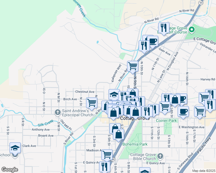 map of restaurants, bars, coffee shops, grocery stores, and more near 634 North River Road in Cottage Grove