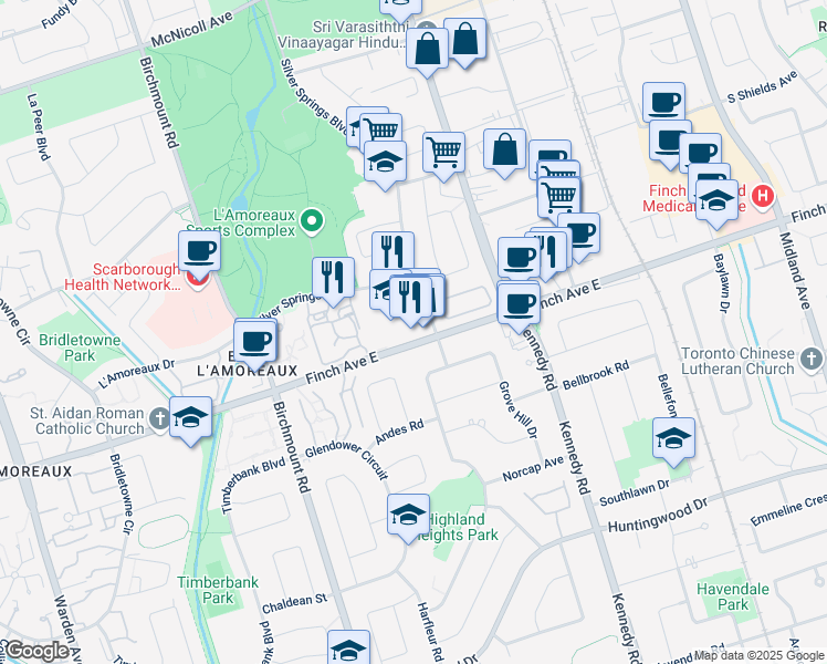 map of restaurants, bars, coffee shops, grocery stores, and more near 3825 Finch Avenue East in Toronto