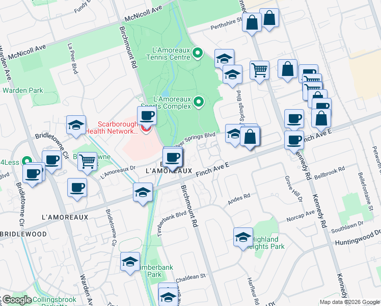 map of restaurants, bars, coffee shops, grocery stores, and more near 45 Silver Springs Boulevard in Toronto